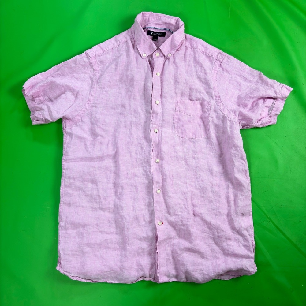 Cremieux 100% Linen Button Up Shirt Mens L Pink Woven Baggy S/S Summer Vacation